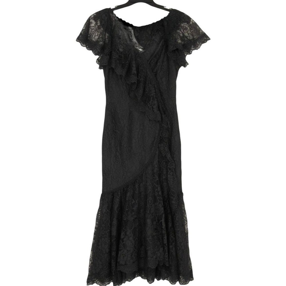 Vtg New Leaf Black Chiffon Lace Beaded Back MERMAID Zip GOTHIC COCKTAIL Dress S